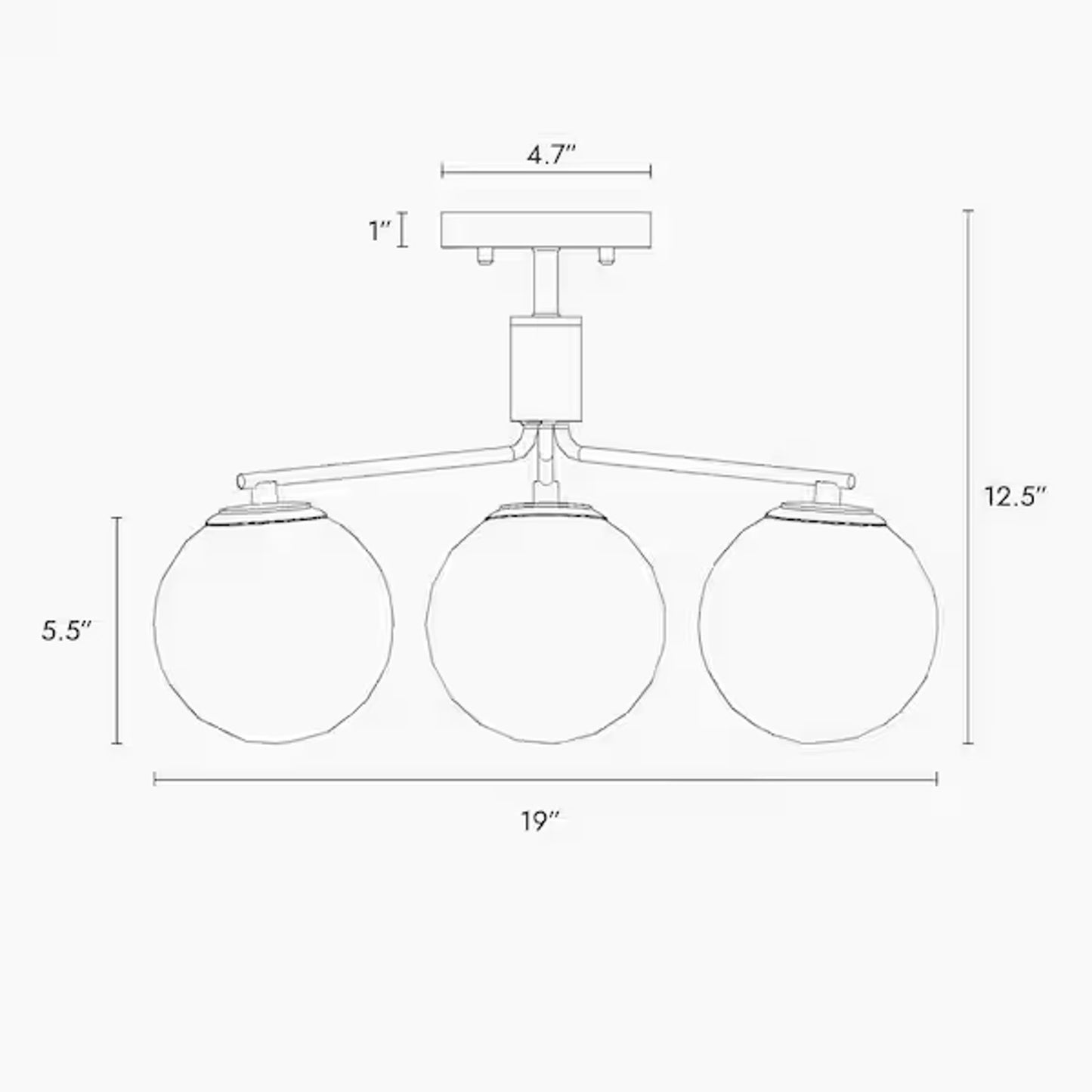 LNC Modern 19" 3-Light Semi-Flush Mount Ceiling Light Black Brass Frosted Globe