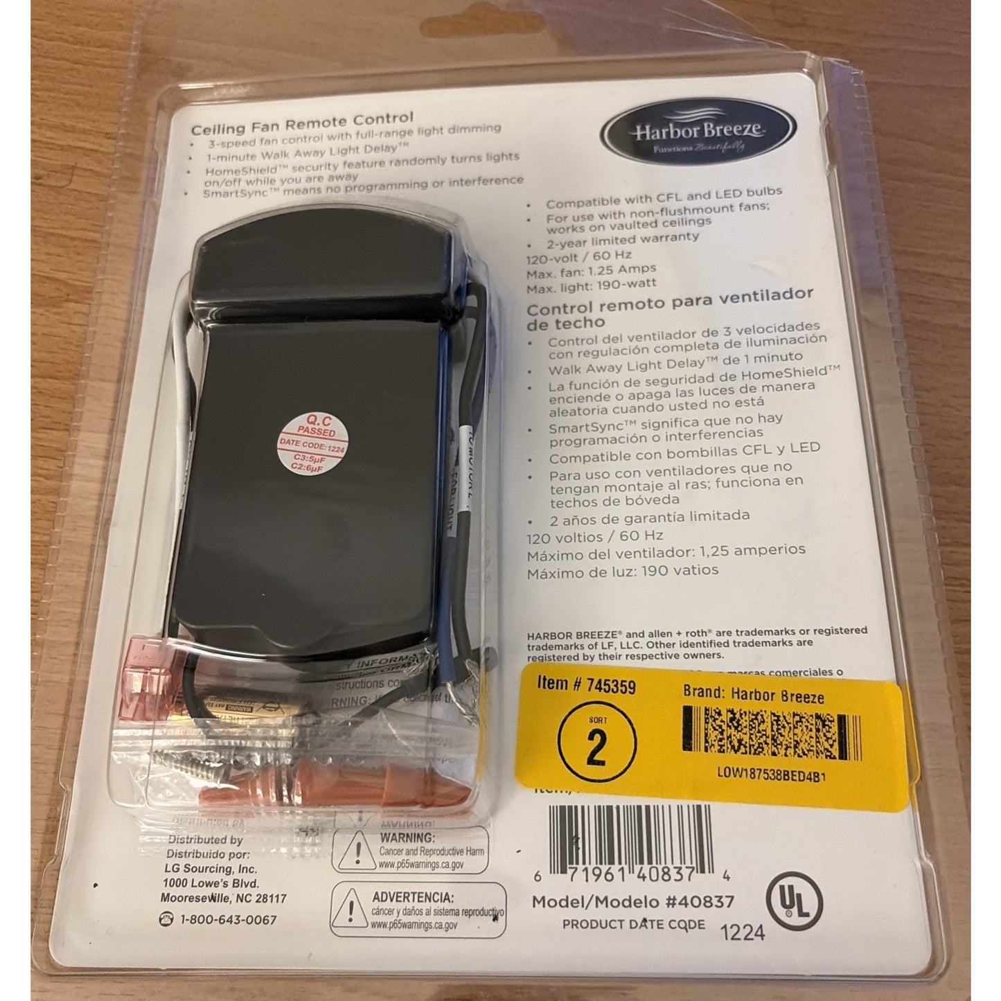 Harbor Breeze Ceiling Fan Remote Control 0745359, 3-Speed Universal SmartSync