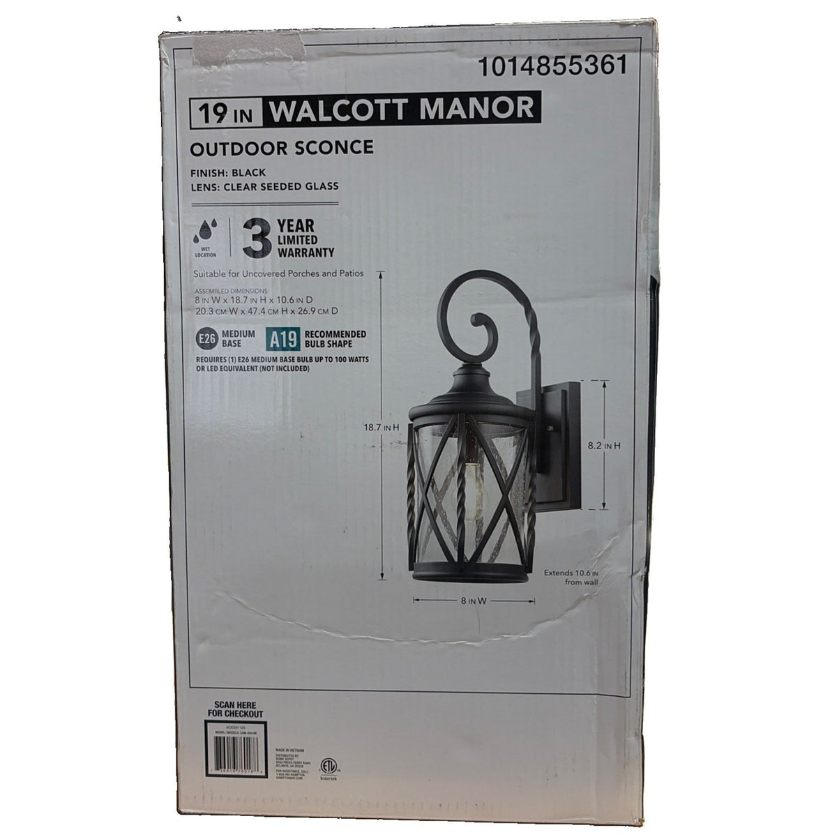 Hampton Bay Walcott Manor 18.75" Black Outdoor Wall Sconce Lantern Seeded Glass