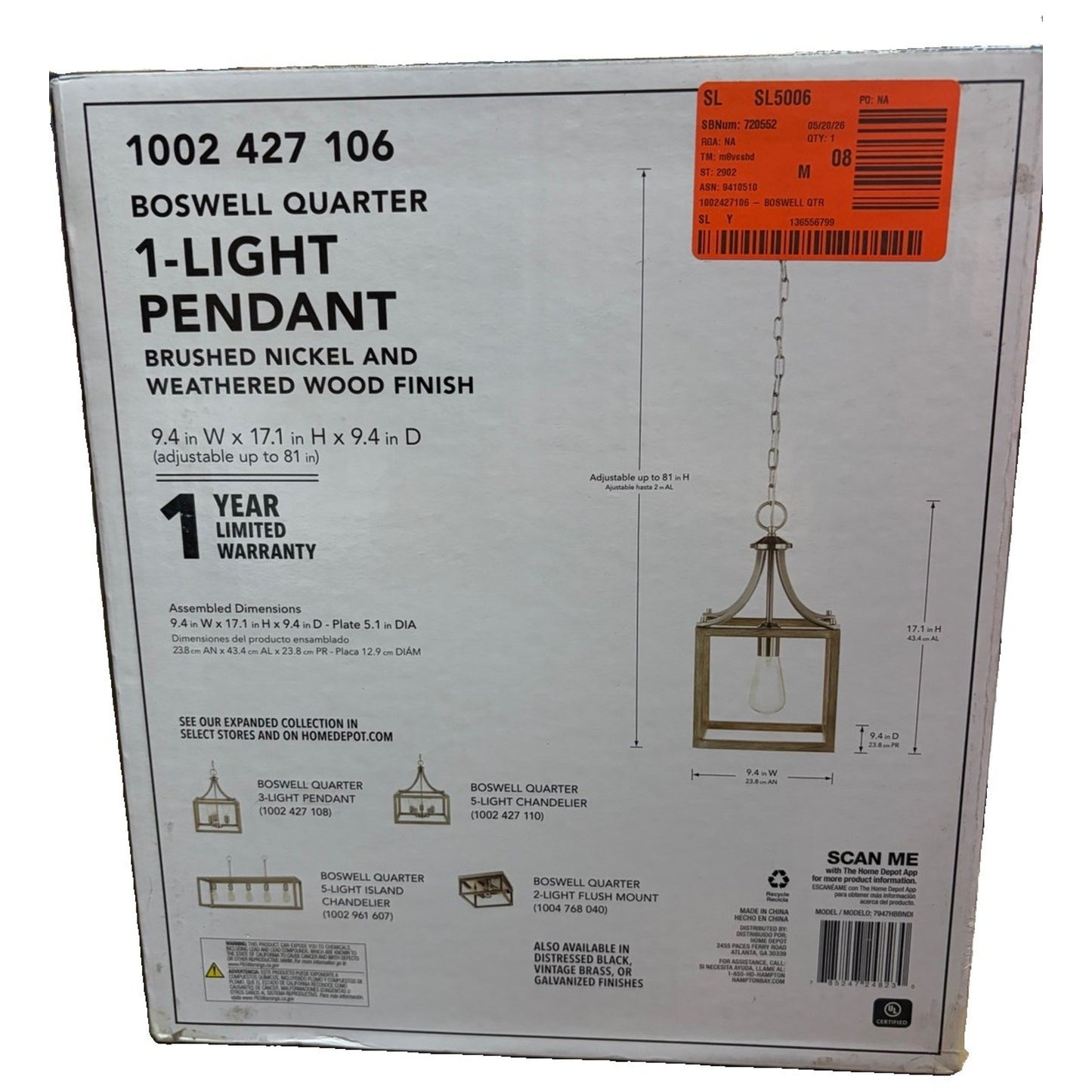 Boswell Quarter 1-Light Brushed Nickel Mini-Pendant with Weathered Wood Accents