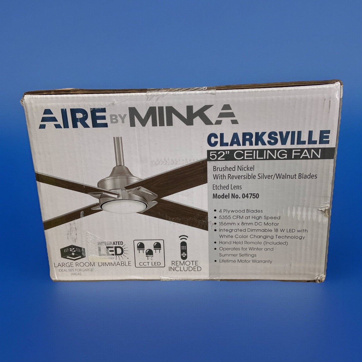 Minka Aire Clarksville 52” Reversible Ceiling Fan in Brushed Nickel Or Walnut