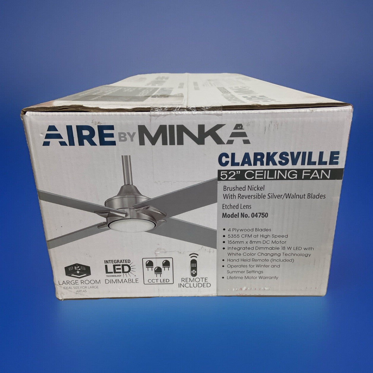Minka Aire Clarksville 52” Reversible Ceiling Fan in Brushed Nickel Or Walnut