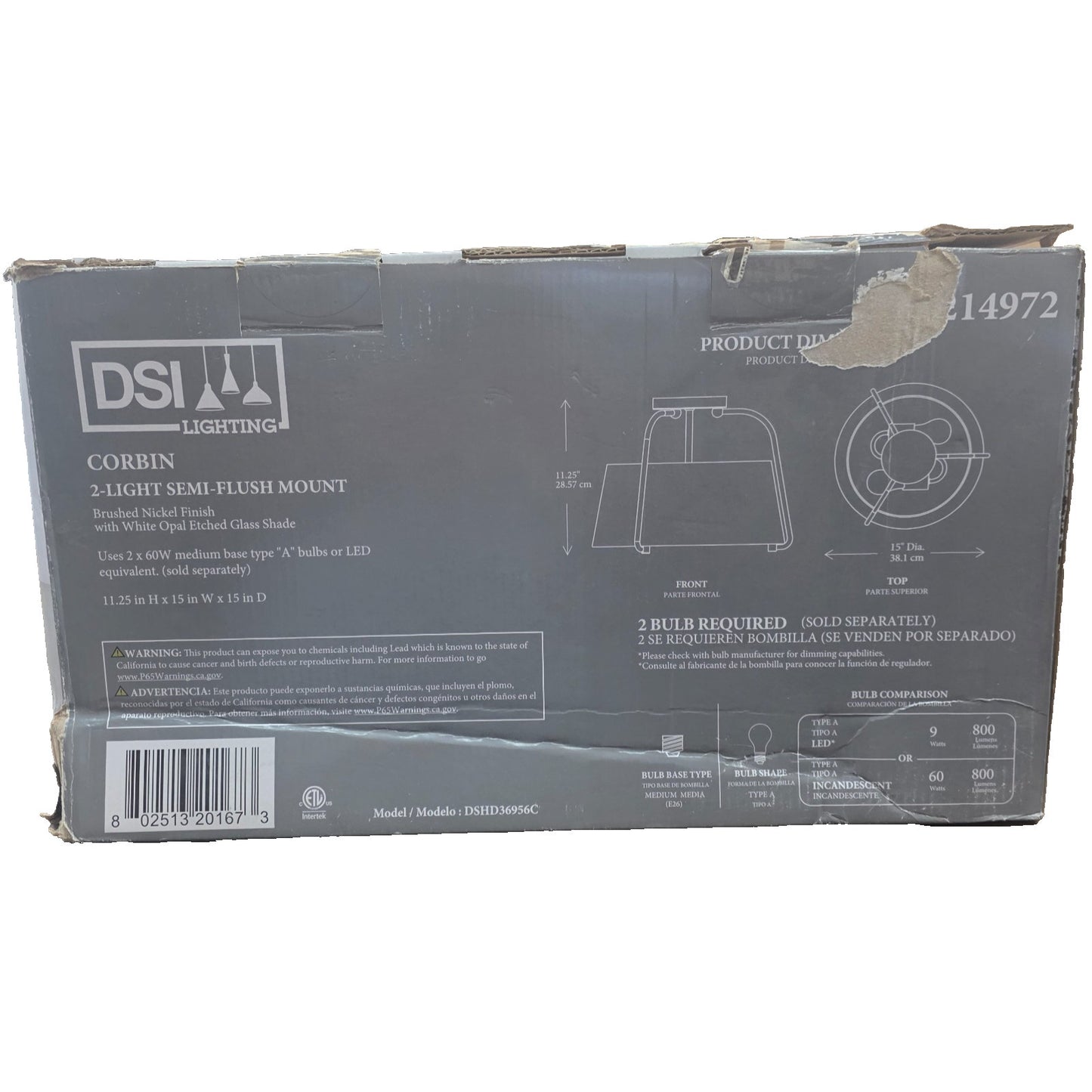 DSI Lighting Corbin 15" 2-Light Semi-Flush Mount Brushed Nickel Opal Glass