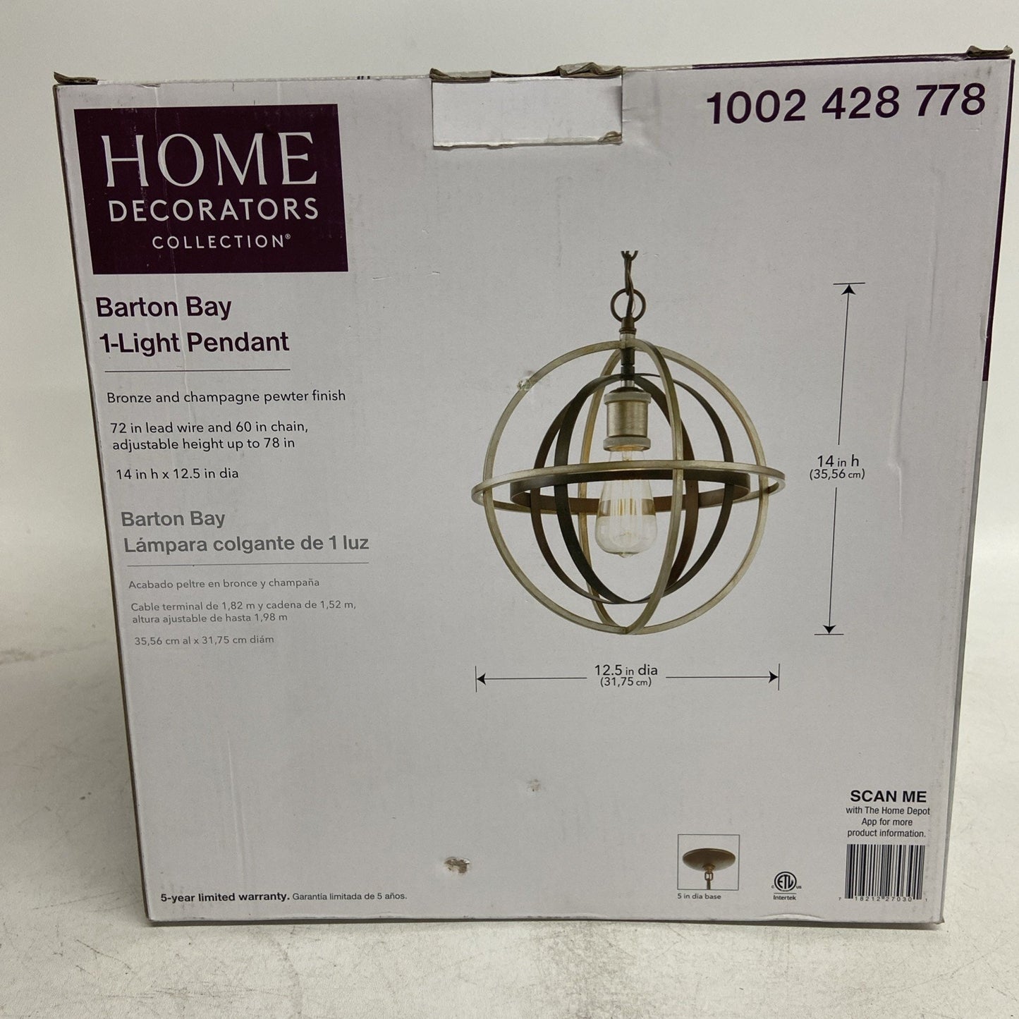Home Decorators Barton Bay 1-Light Bronze and Champagne Pewter Orb Mini Pendant✅