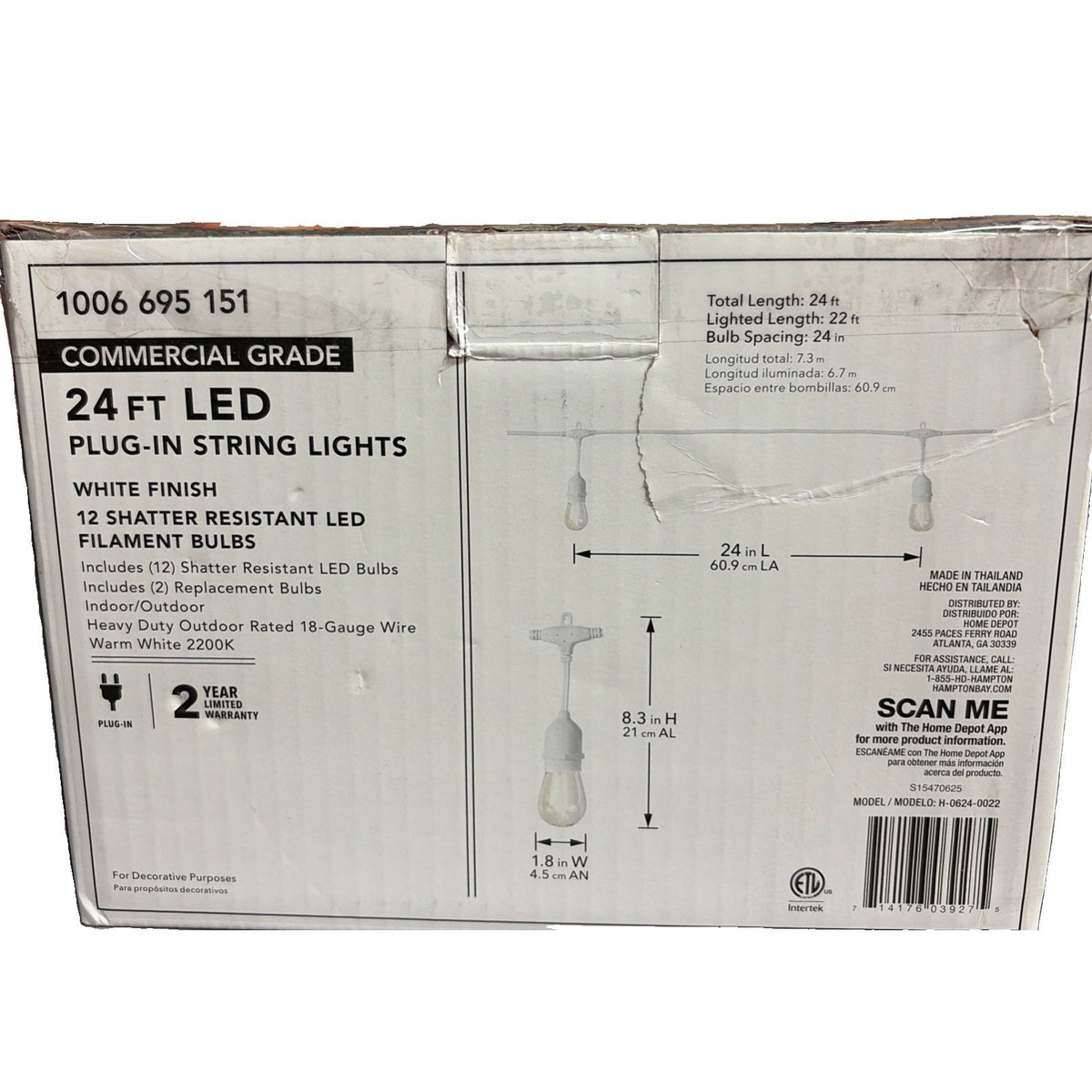Hampton Bay 24ft LED String Lights 12 Edison Bulbs Shatterproof White Cord NEW