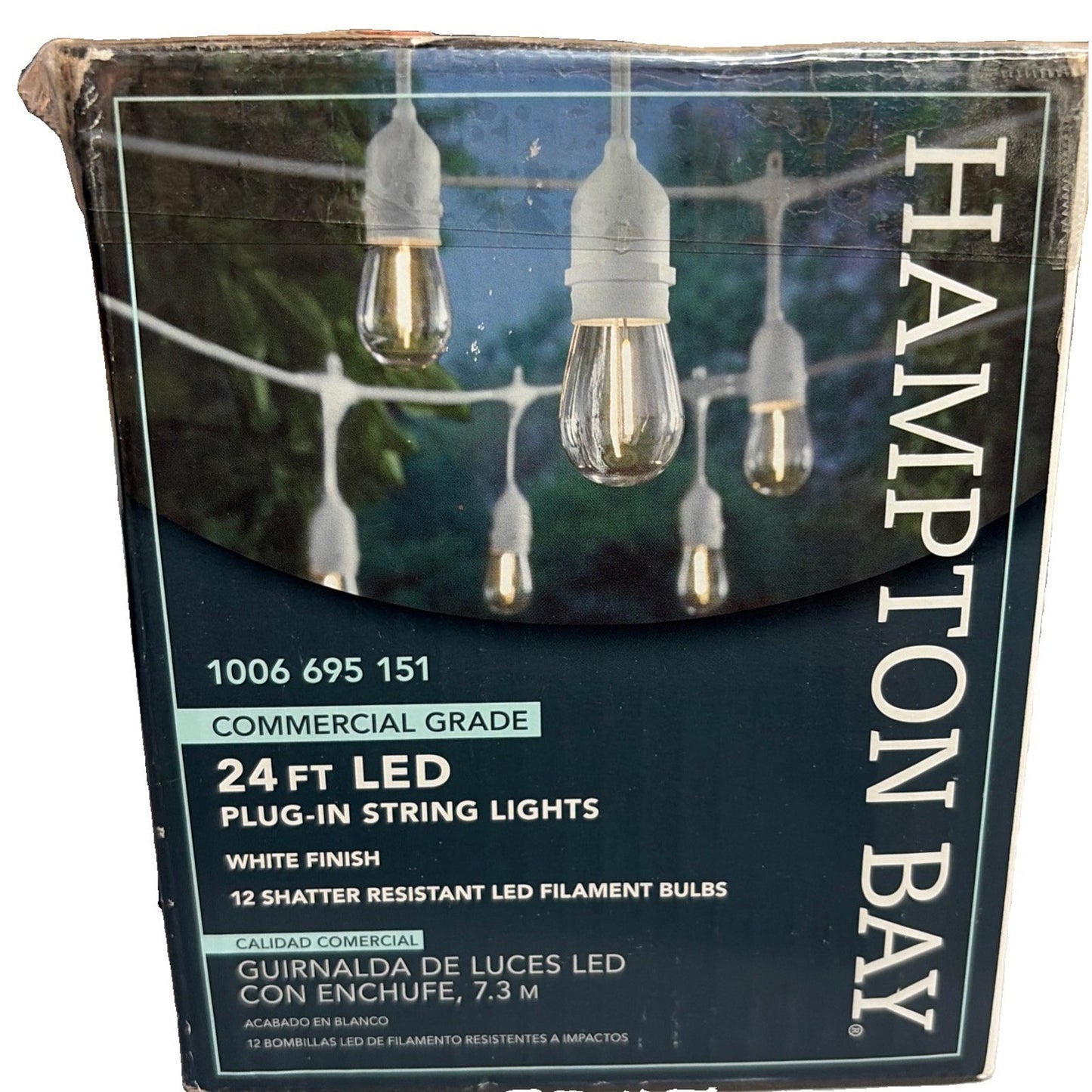 Hampton Bay 24ft LED String Lights 12 Edison Bulbs Shatterproof White Cord NEW