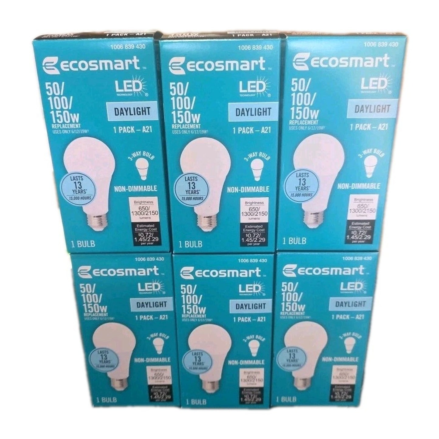 6-Pack EcoSmart A21 3-Way LED Light Bulbs 50/100/150W Equivalent Daylight 5000K