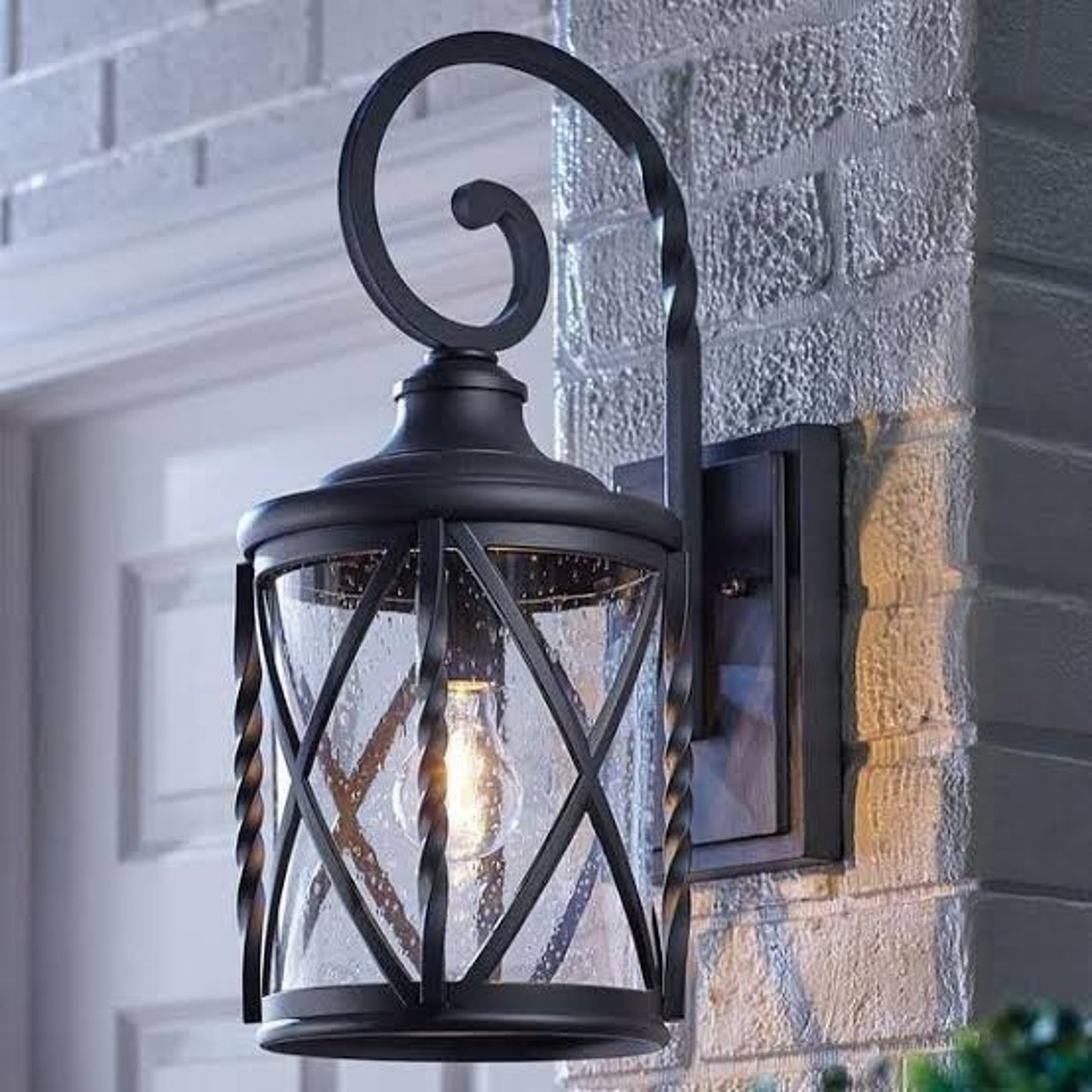 Hampton Bay Walcott Manor 18.75" Black Outdoor Wall Sconce Lantern Seeded Glass