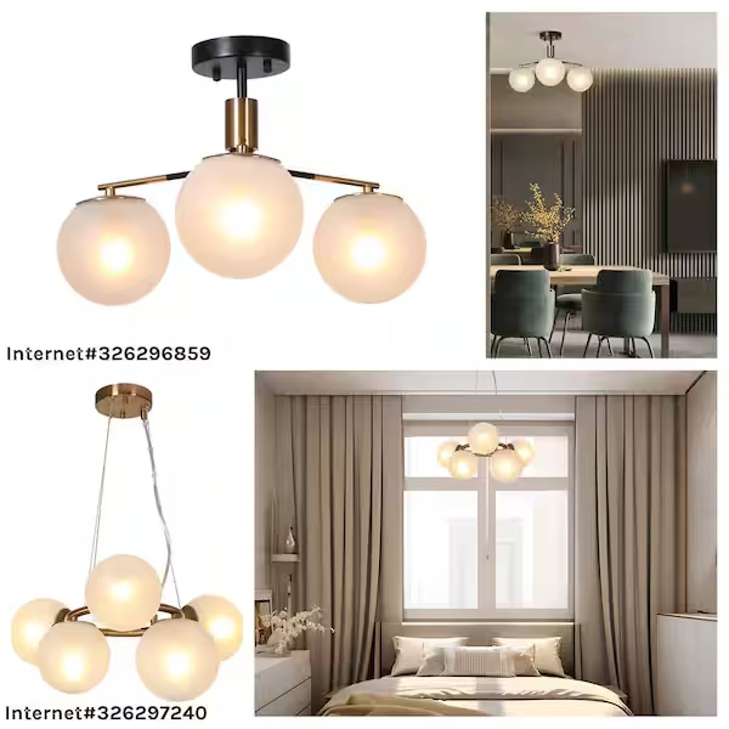 LNC Modern 19" 3-Light Semi-Flush Mount Ceiling Light Black Brass Frosted Globe