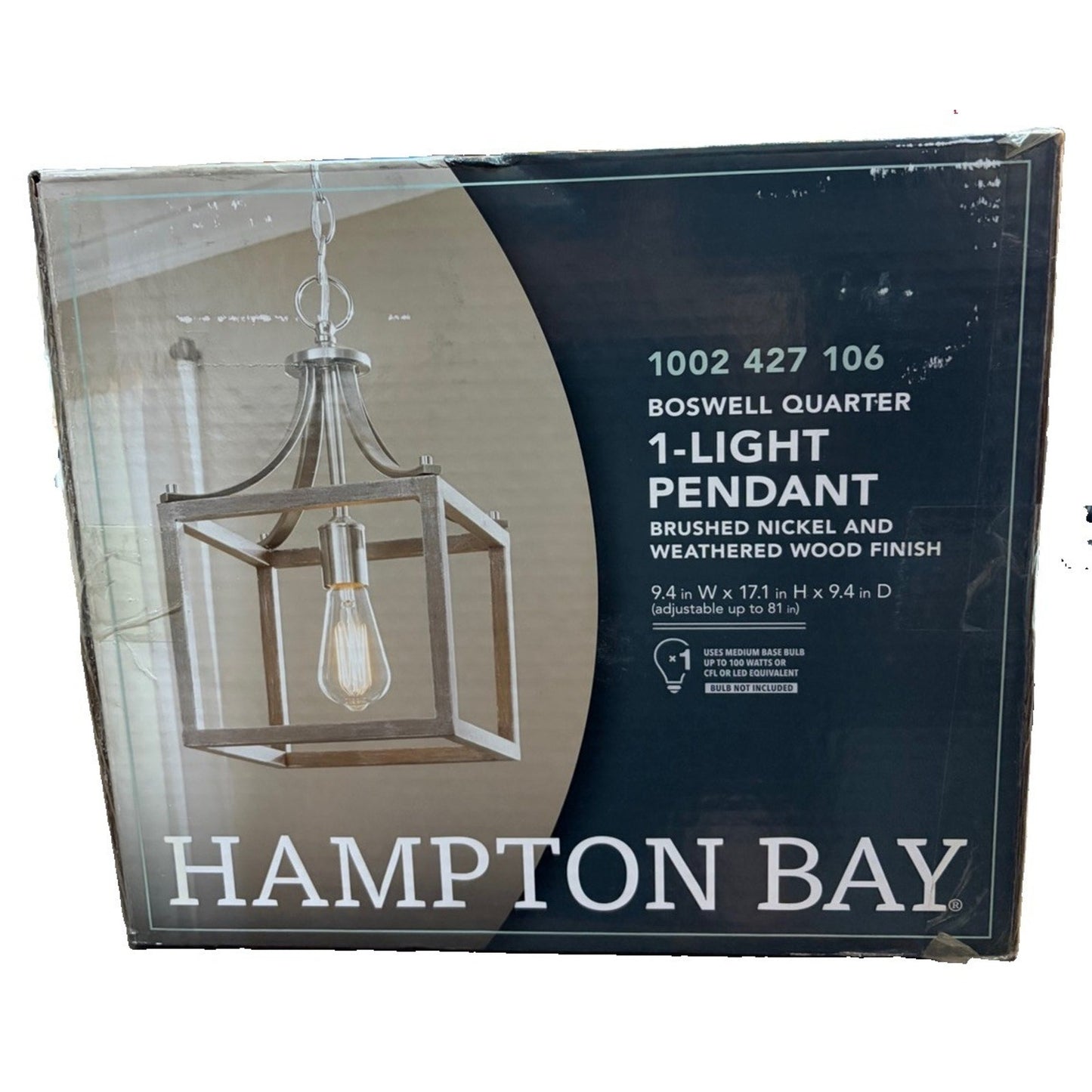 Boswell Quarter 1-Light Brushed Nickel Mini-Pendant with Weathered Wood Accents