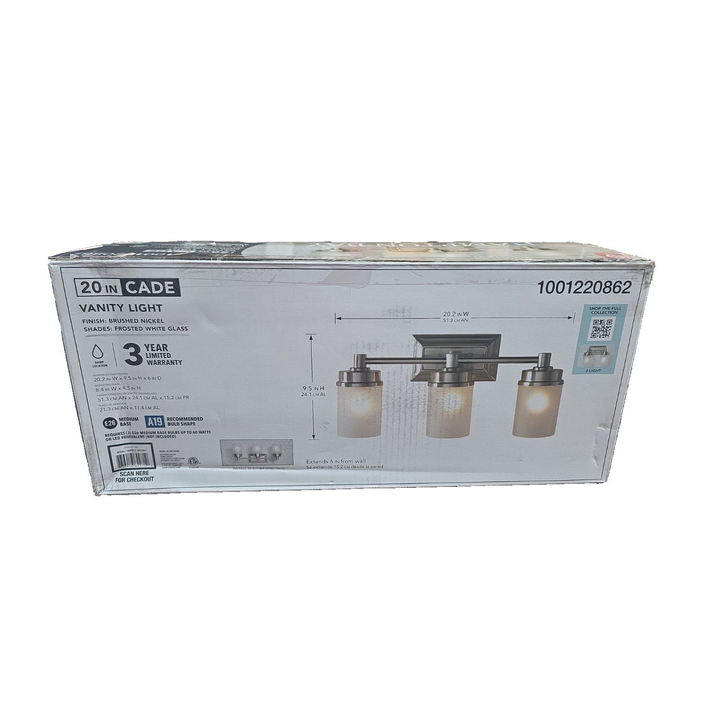 Hampton Bay Cade 20.25" 3-Light Bathroom Vanity Light Brushed Nickel Frosted