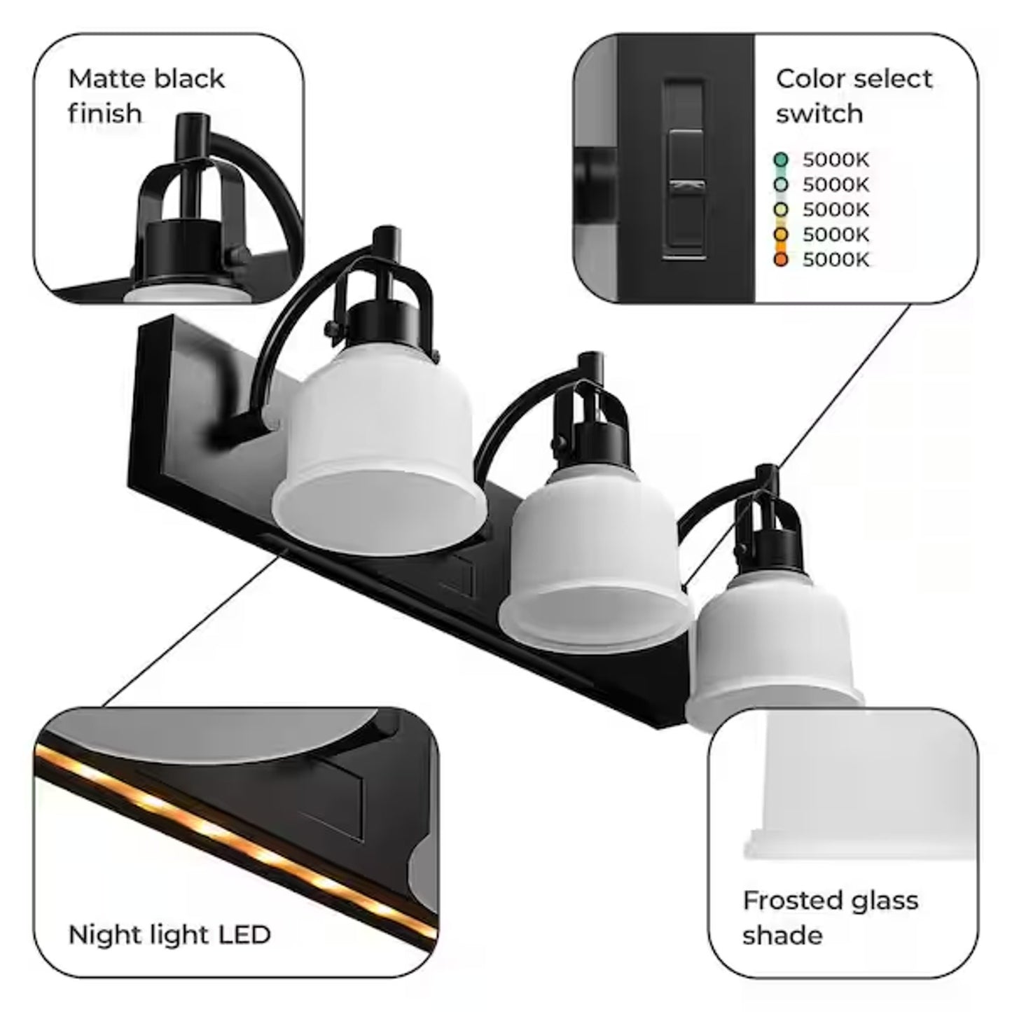 Globe Rockhill 22" 3-Light LED Vanity Light Matte Black Night Light Dimmable