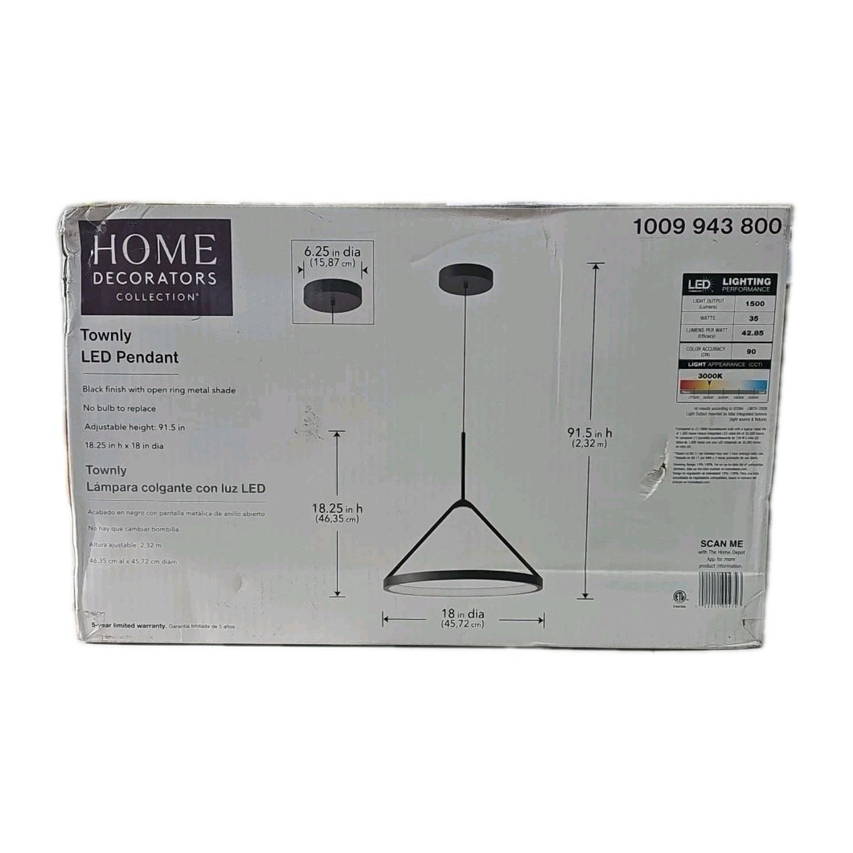 Home Decorators Townly 35-Watt 1-Light Satin Black LED Pendant Light Metal Ring
