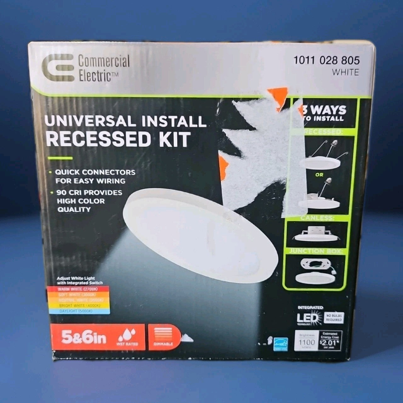 Commercial Electric NJ03a6IN3in1-W 5/6in 3-in-1 LED Recessed Light, White, Selec