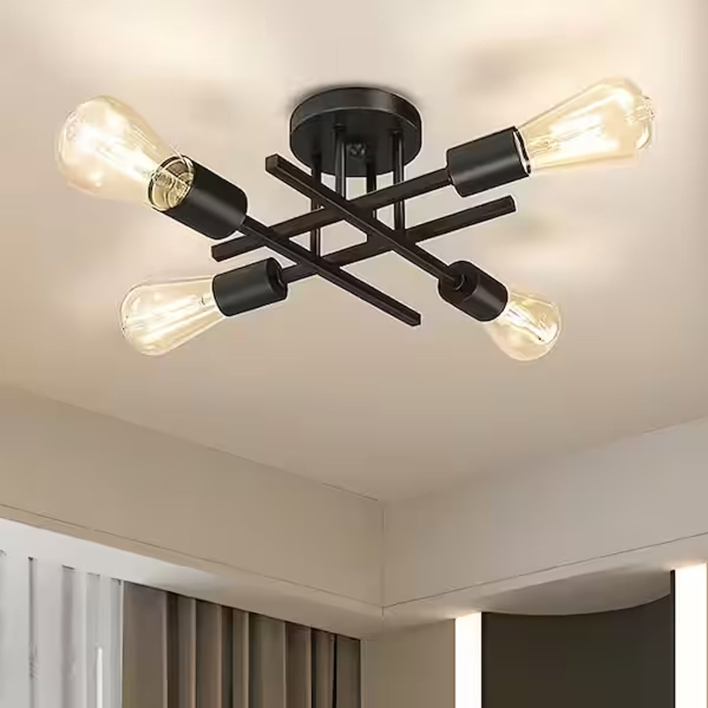 Black 4-Light Sputnik Chandelier Semi Flush Mount Ceiling Light Industrial Moder