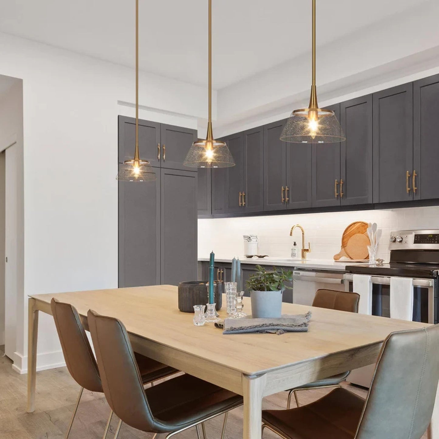 LNC Quoridan 1-Light Brass Pendant Light Seeded Glass Drum Kitchen Island Modern