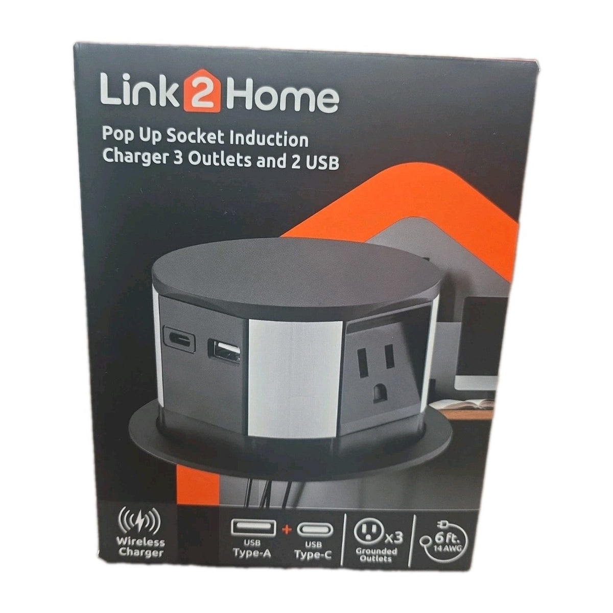 Link2Home Pop-Up Outlet 3 AC 2 USB Type-C 10W Wireless Charger EM-PU-150E