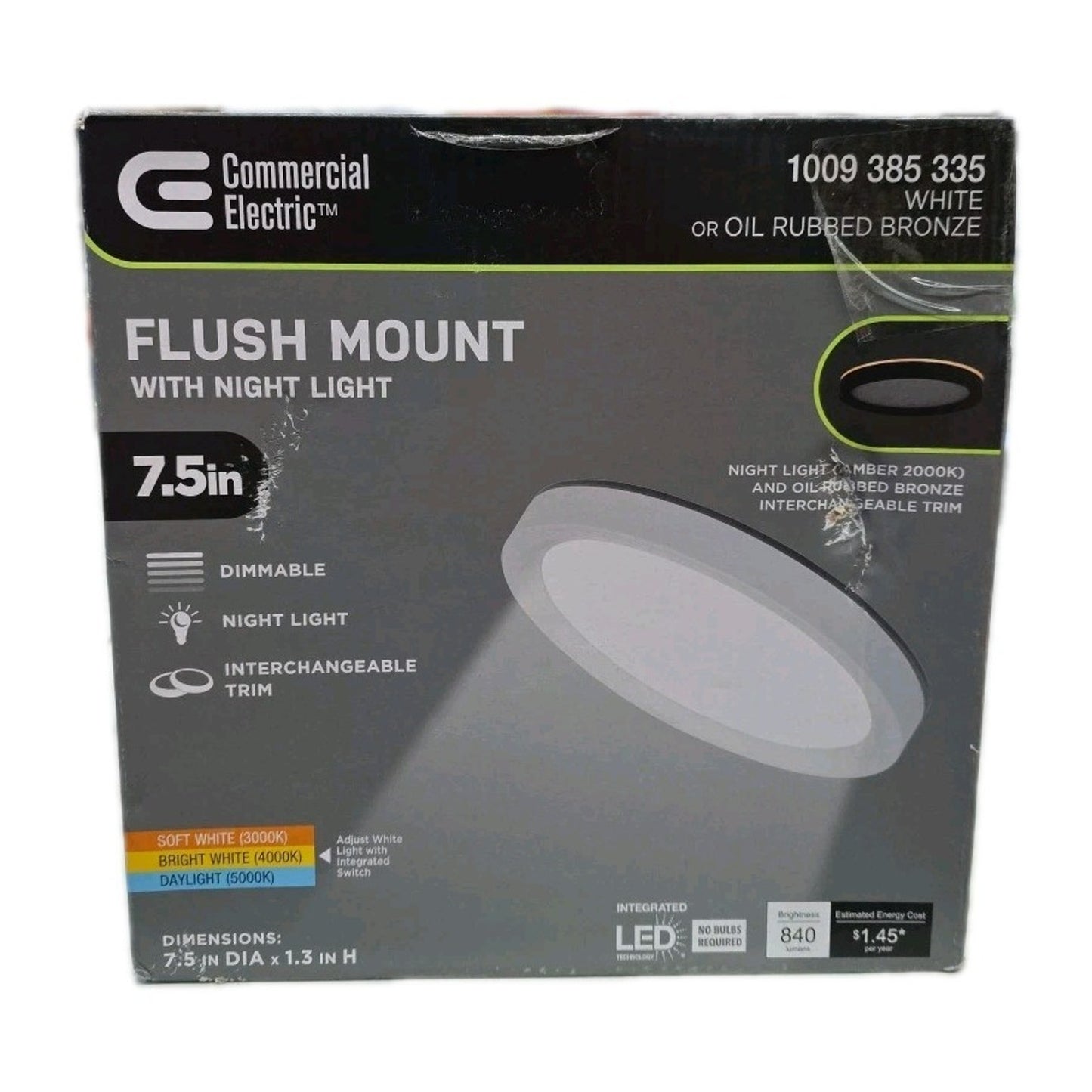 Commercial Electric 7.5" LED Flush Mount Night / White or Bronze Trim 3-CCT