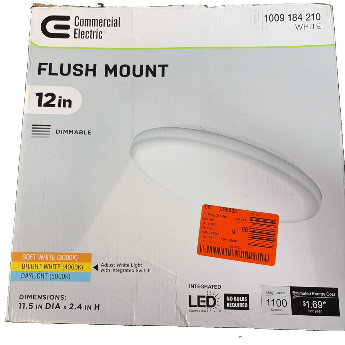 Commercial Electric 12in LED Flush Mount Light White Dimmable 564481111