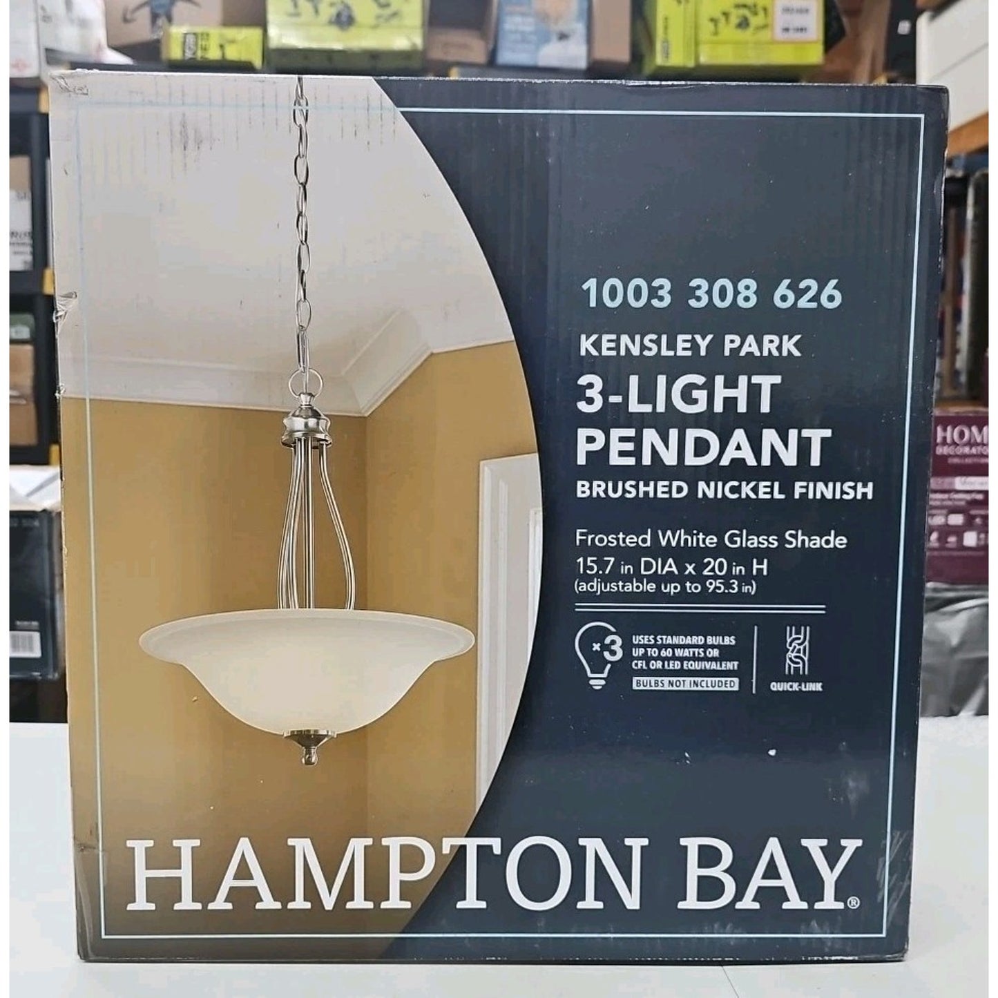 Hampton Bay Kensley Park 3-Light Brushed Nickel Pendant Frosted Glass Shade
