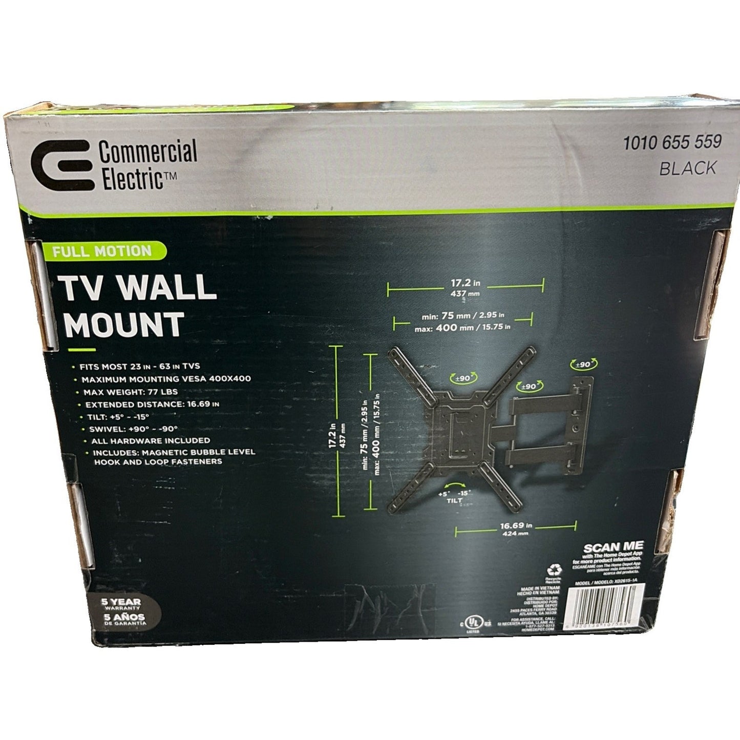 Commercial Electric-Full Motion TV Wall Mount Bracket for 23" - 63" TVs