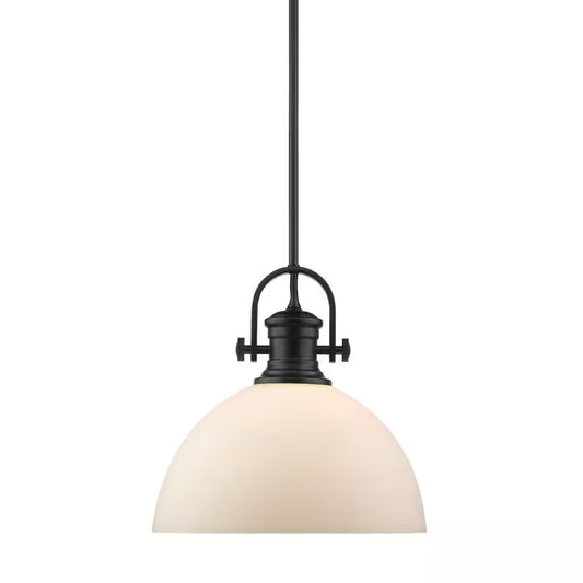 Pair of 2 Golden Lighting Hines Black Pendant Lights 13.5" Large Opal Glass 3118