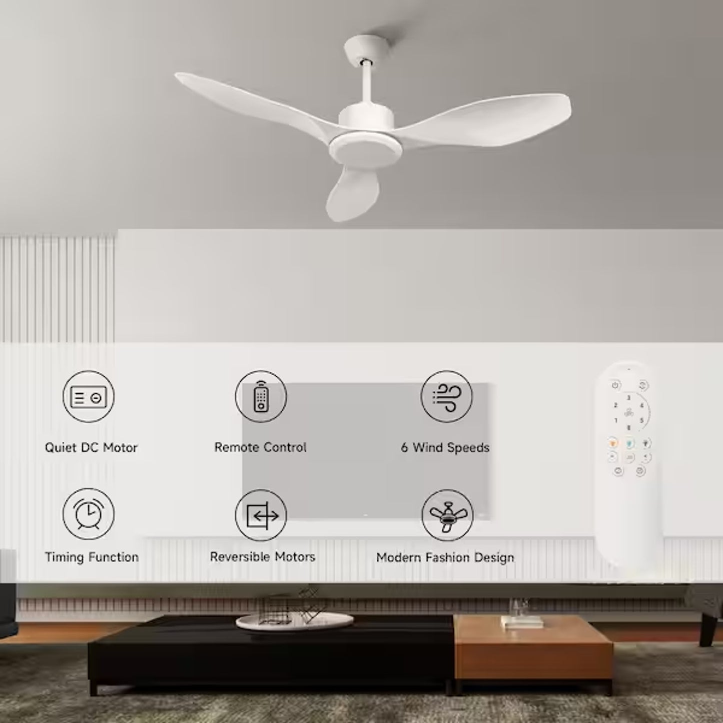 48" Modern Propeller Ceiling Fan 3 White Blades DC Motor Remote No Light