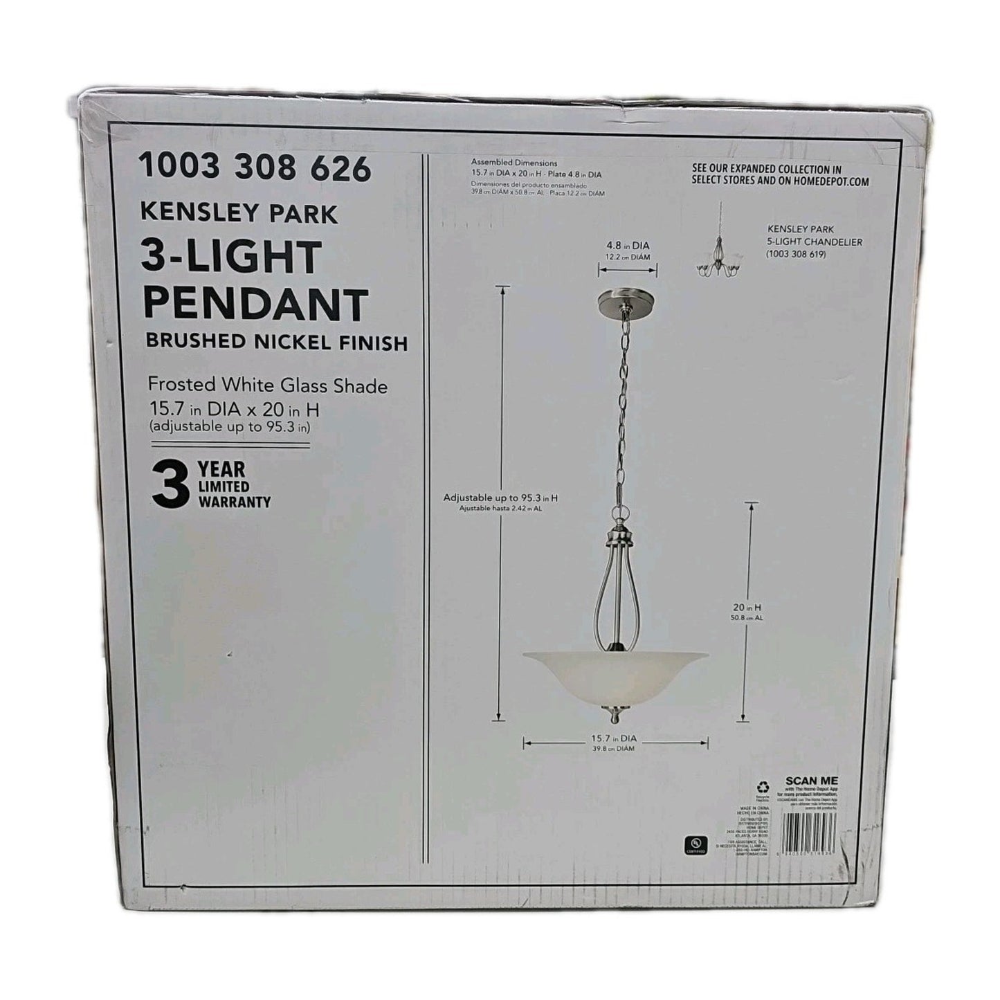 Hampton Bay Kensley Park 3-Light Brushed Nickel Pendant Frosted Glass Shade
