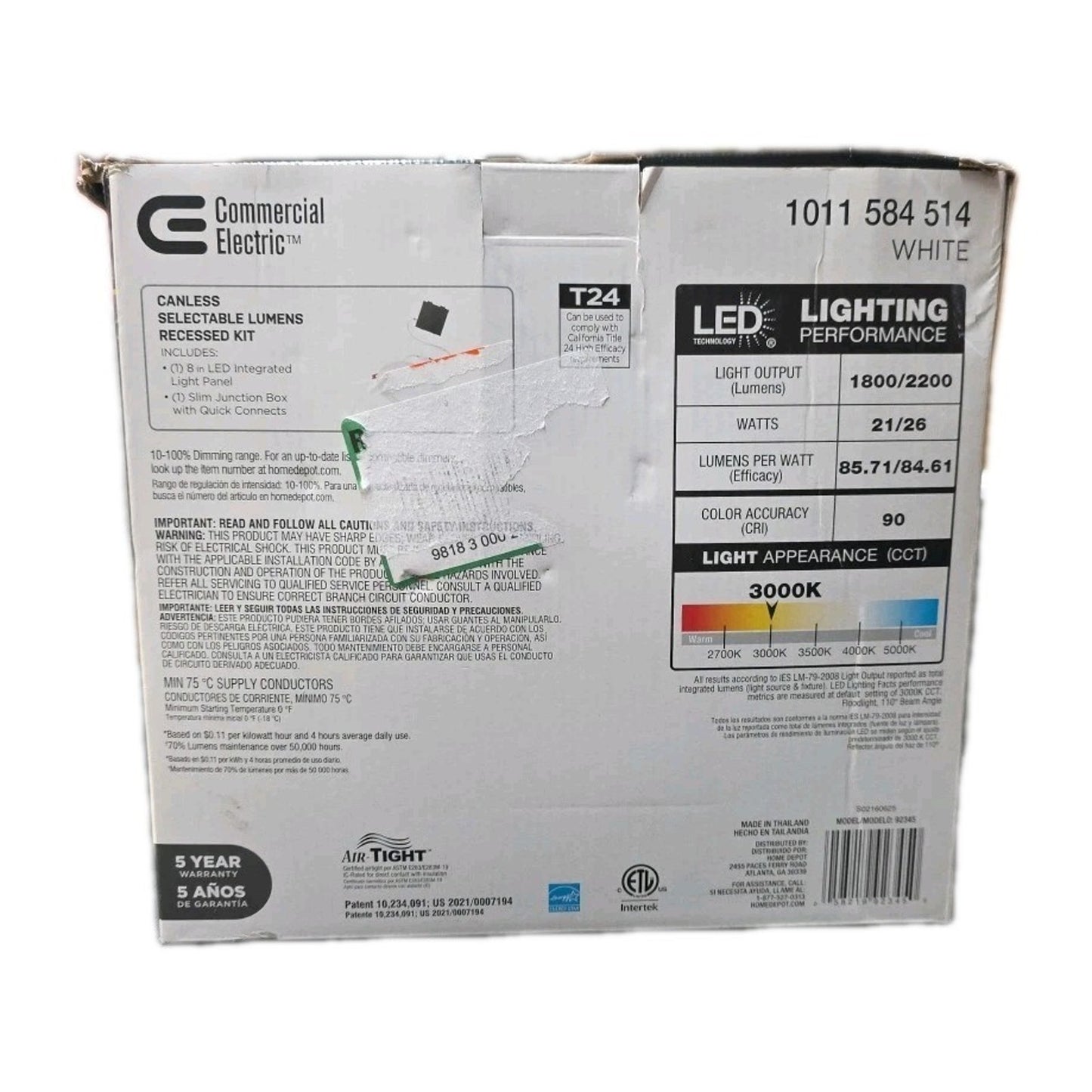 Commercial Electric 8" Ultraslim LED Canless Recessed Light Select CCT 92345