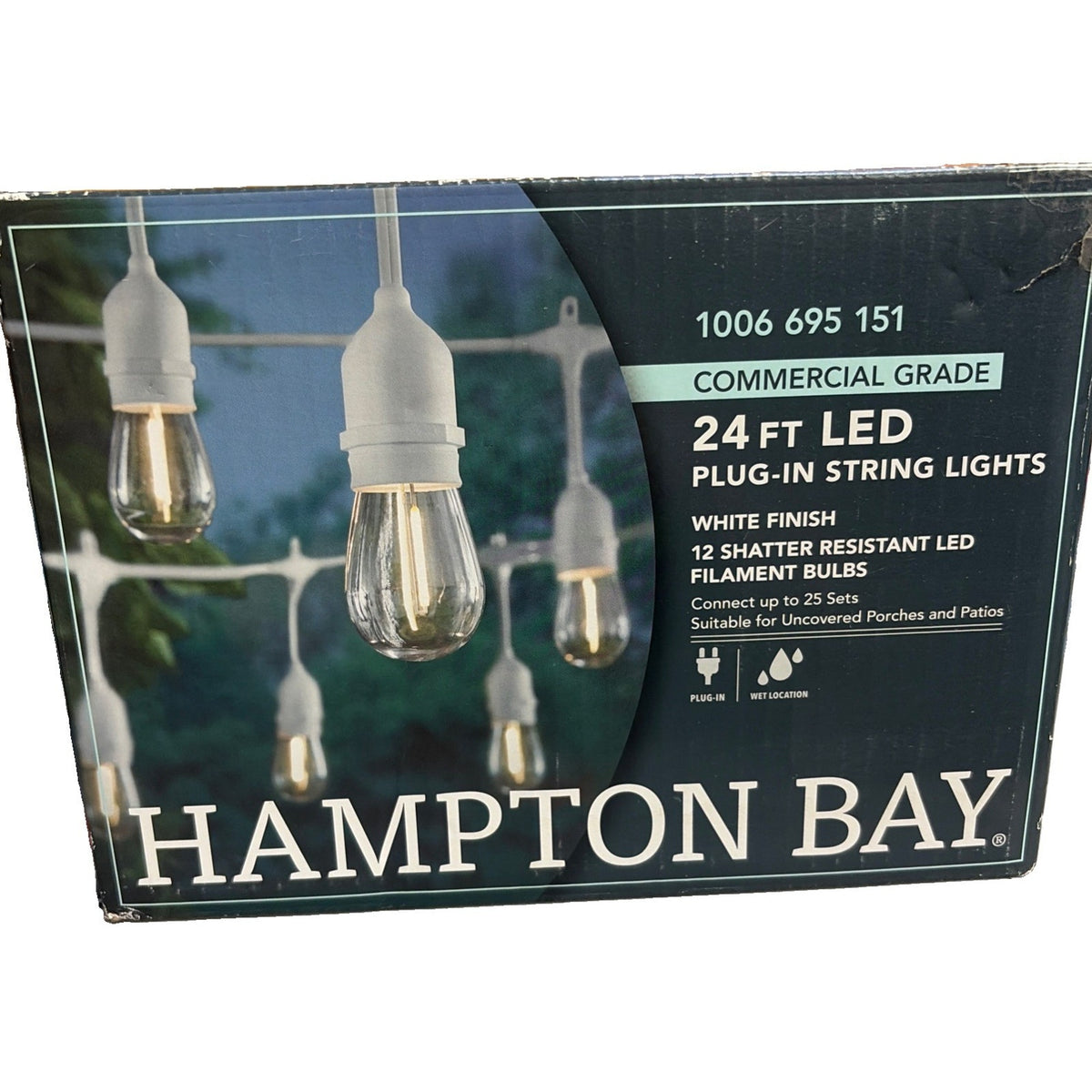 Hampton Bay 24ft LED String Lights 12 Edison Bulbs Shatterproof White Cord NEW