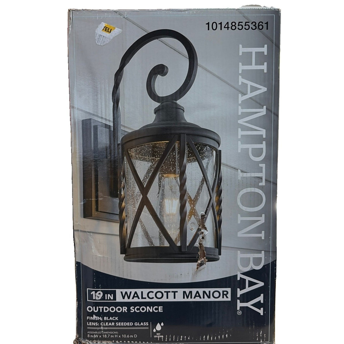 Hampton Bay Walcott Manor 18.75" Black Outdoor Wall Sconce Lantern Seeded Glass