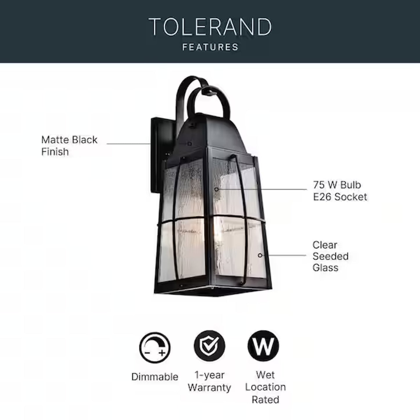KICHLER Tolerand 18" Outdoor Wall Lantern Black Seeded Glass Sconce 49553BKT