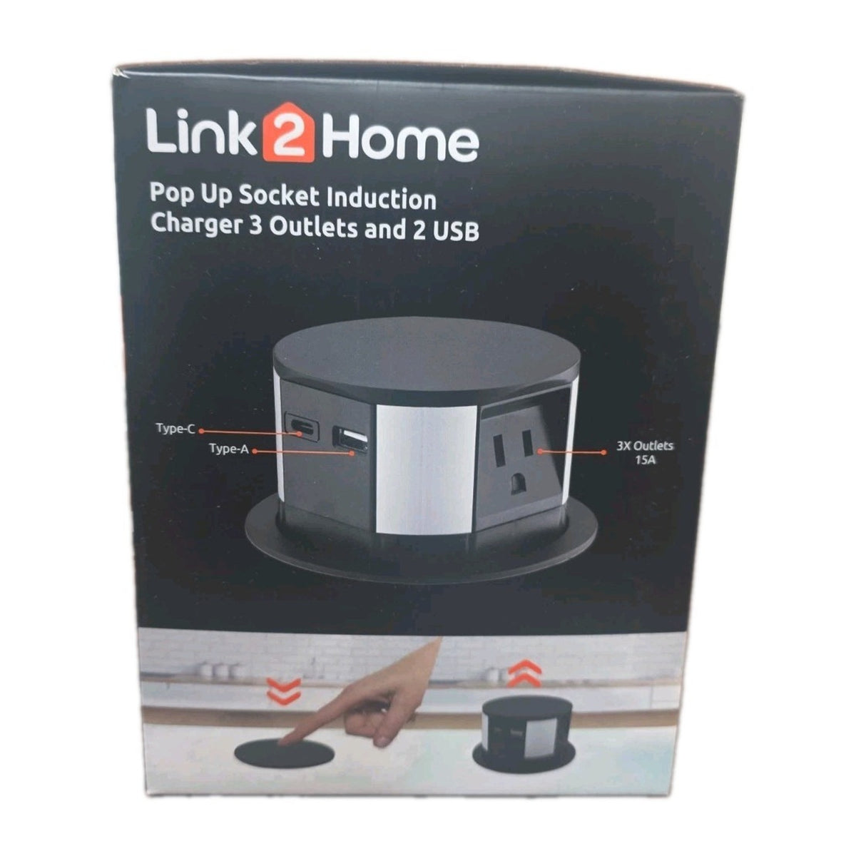 Link2Home Pop-Up Outlet 3 AC 2 USB Type-C 10W Wireless Charger EM-PU-150E