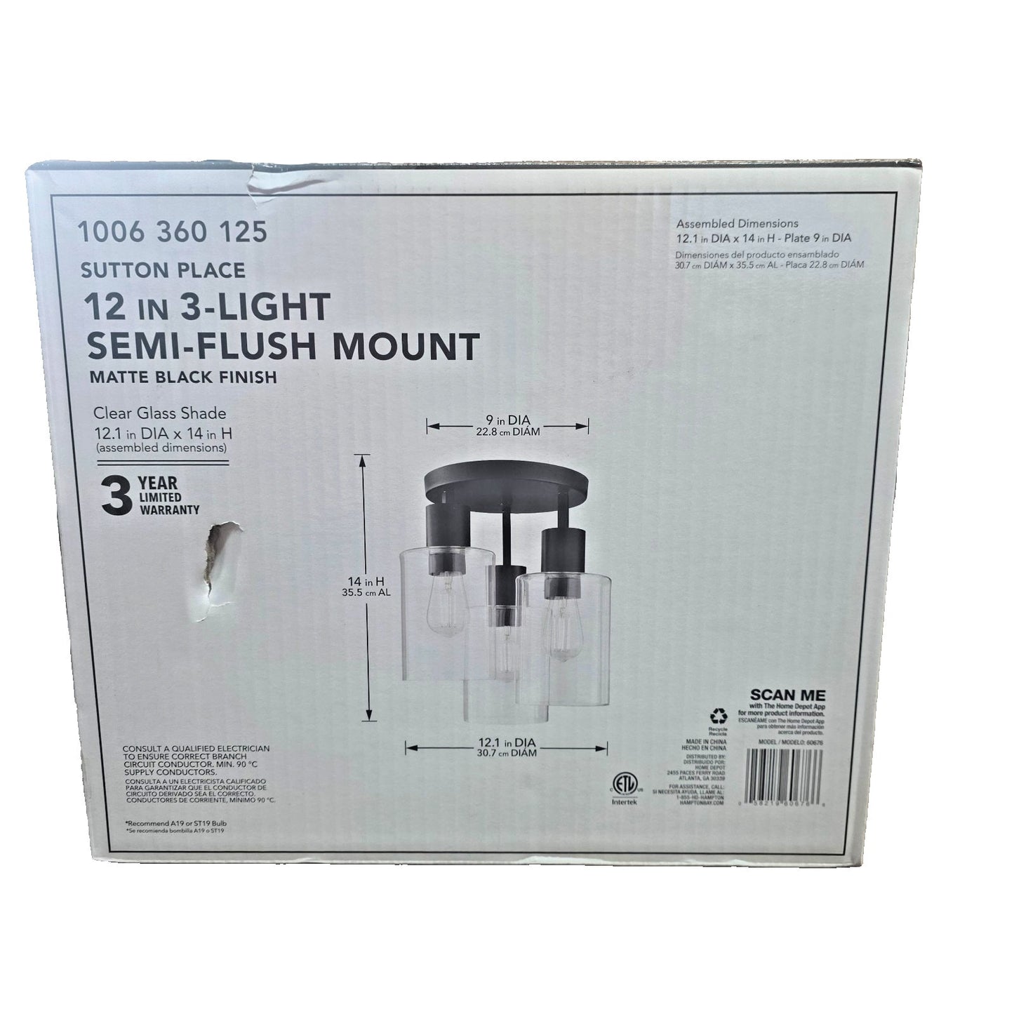 Hampton Bay Sutton Place 14" 3-Light Matte Black Flush Mount Ceiling Light
