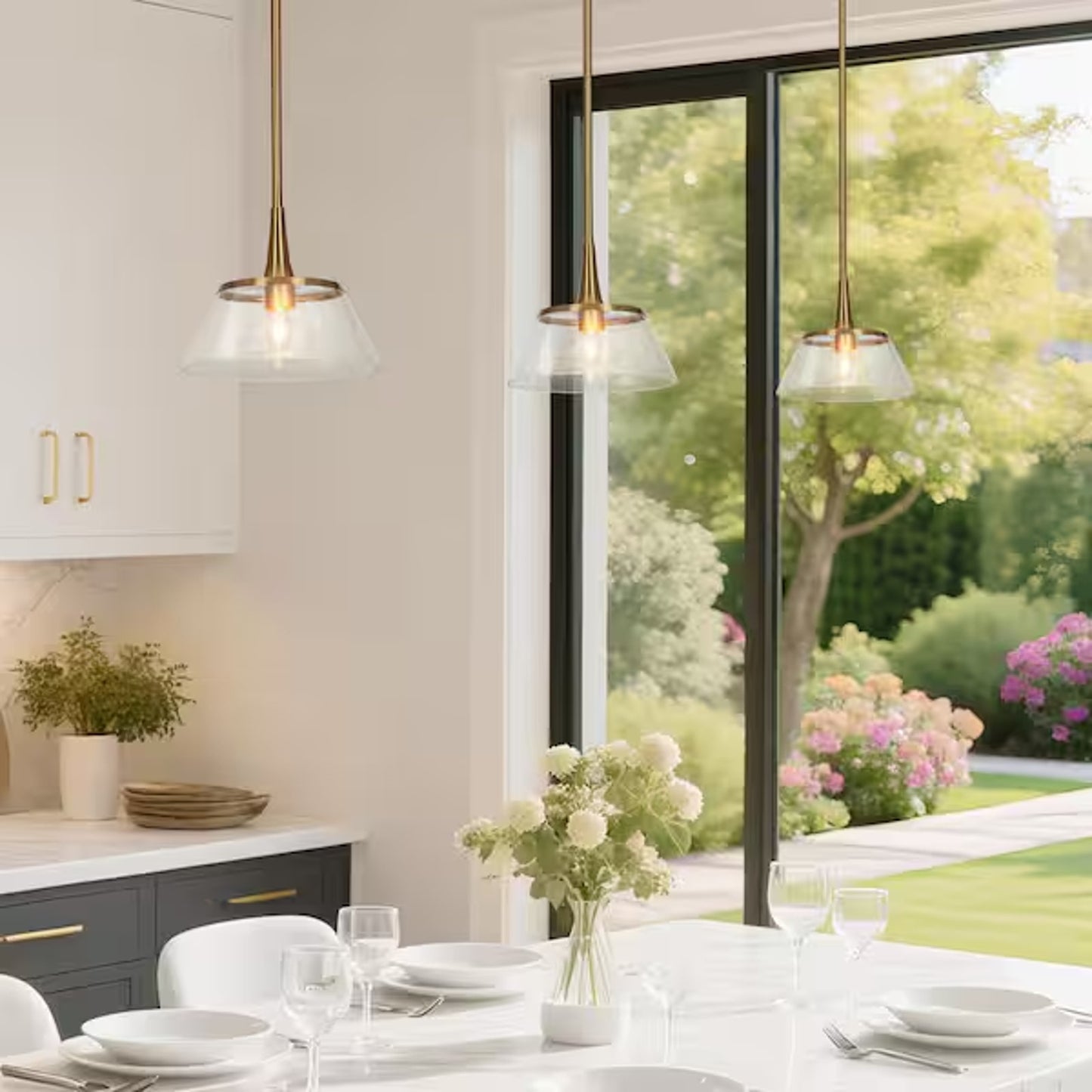 LNC Quoridan 1-Light Brass Pendant Light Seeded Glass Drum Kitchen Island Modern