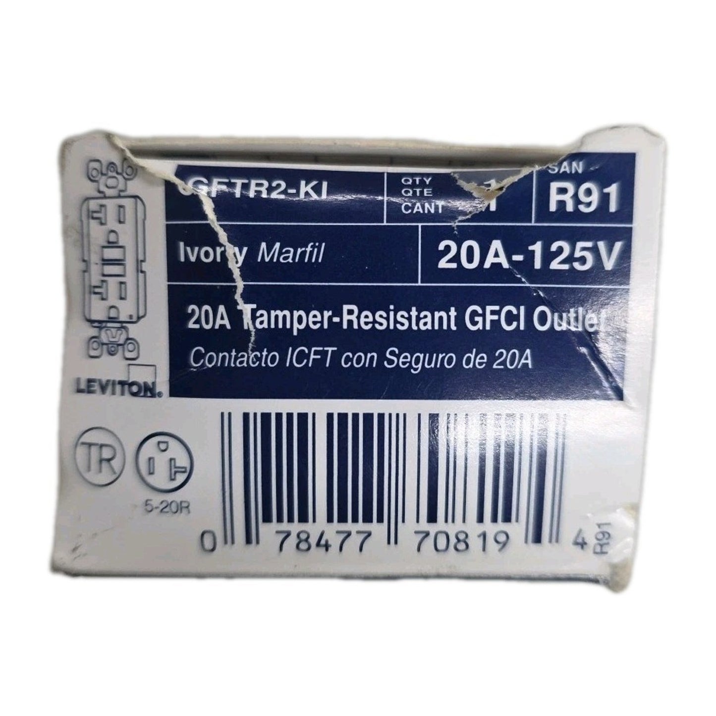 Leviton GFCI Outlet Slim Design Self Test 20A GFCI Receptacle, Ivory, GFTR2-KI