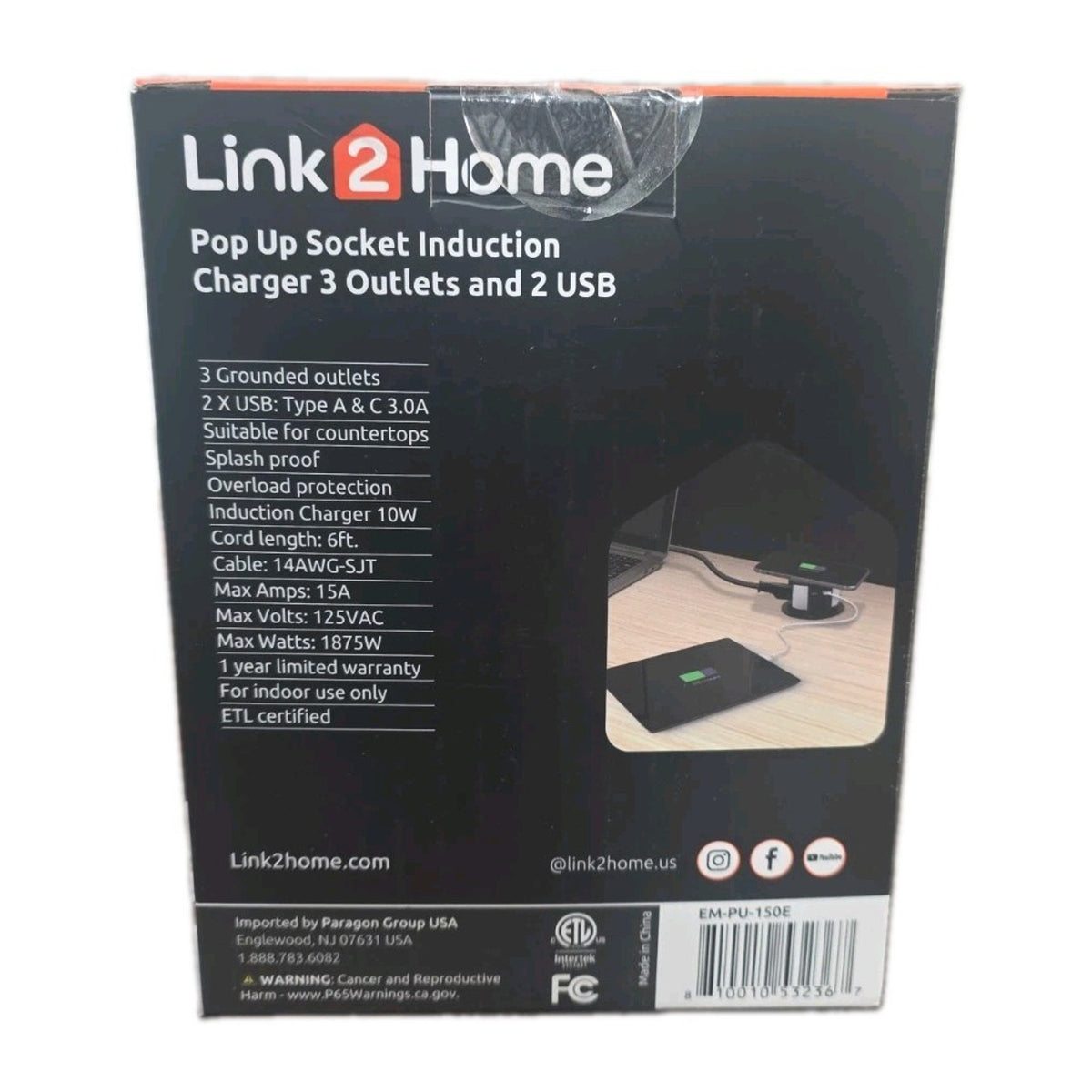 Link2Home Pop-Up Outlet 3 AC 2 USB Type-C 10W Wireless Charger EM-PU-150E