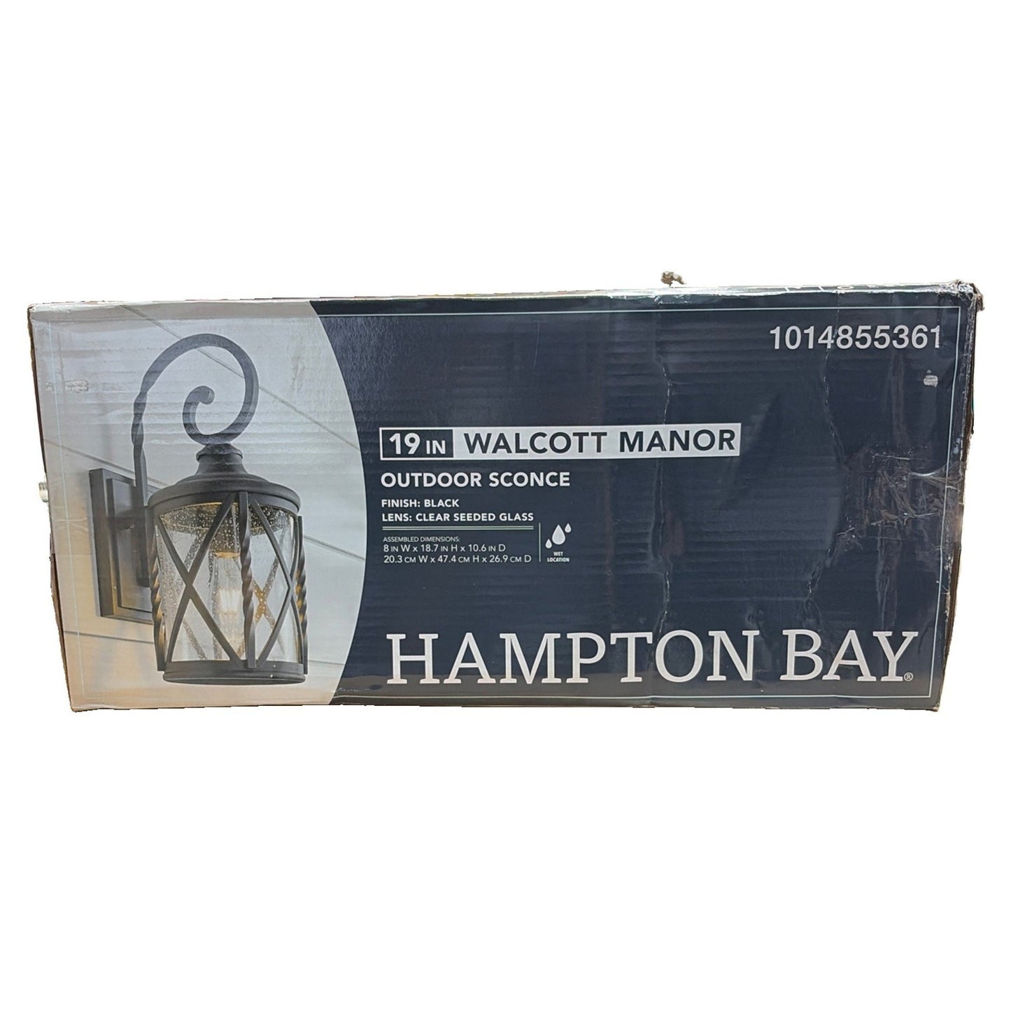 Hampton Bay Walcott Manor 18.75" Black Outdoor Wall Sconce Lantern Seeded Glass