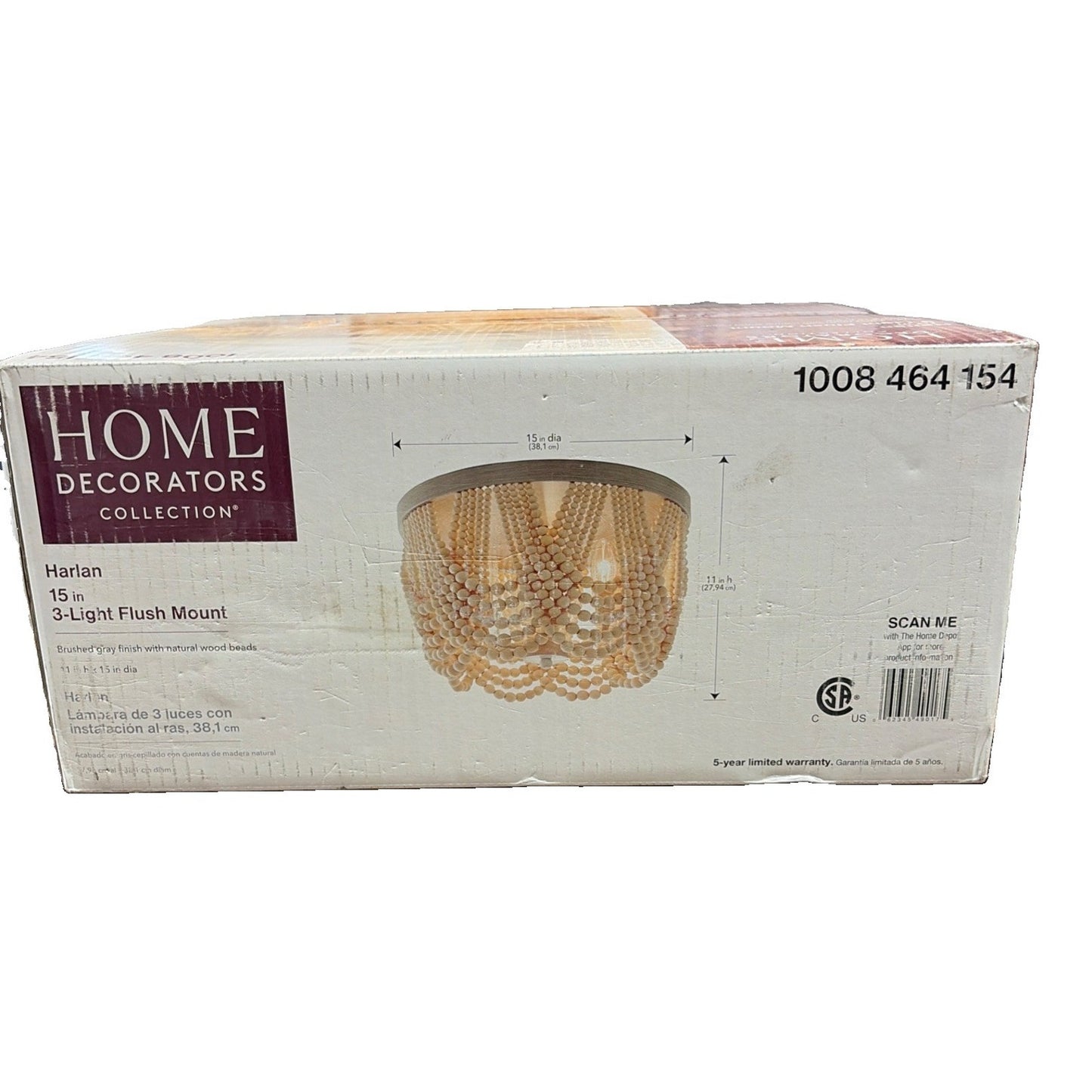 Harlan 15 in. 3-Light Grey Flush Mount Ceiling Light Natural Wood Beads NEW