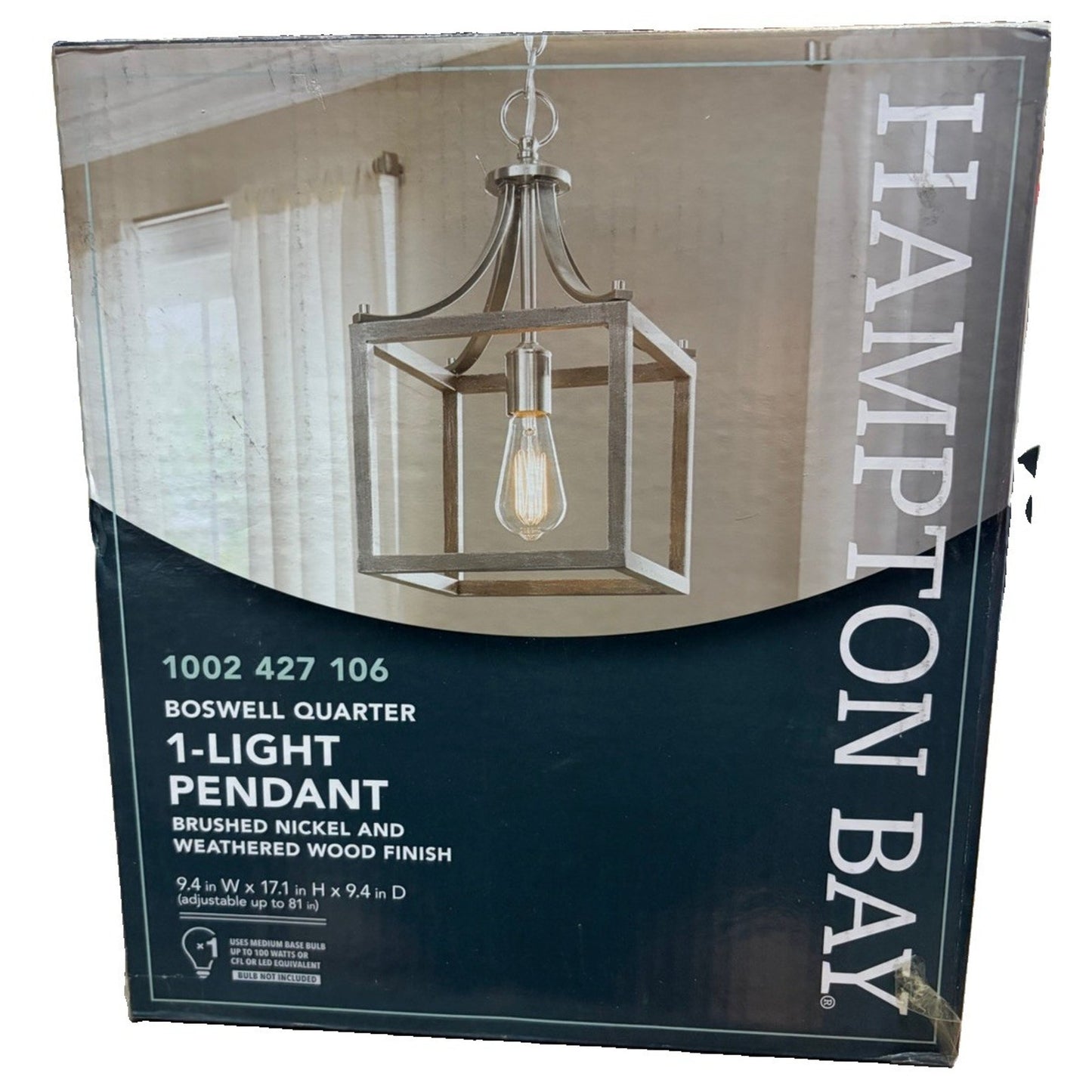 Boswell Quarter 1-Light Brushed Nickel Mini-Pendant with Weathered Wood Accents