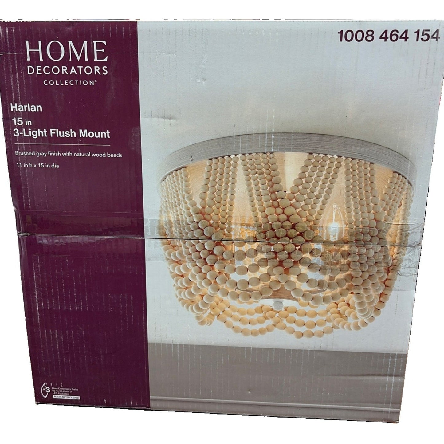 Harlan 15 in. 3-Light Grey Flush Mount Ceiling Light Natural Wood Beads NEW