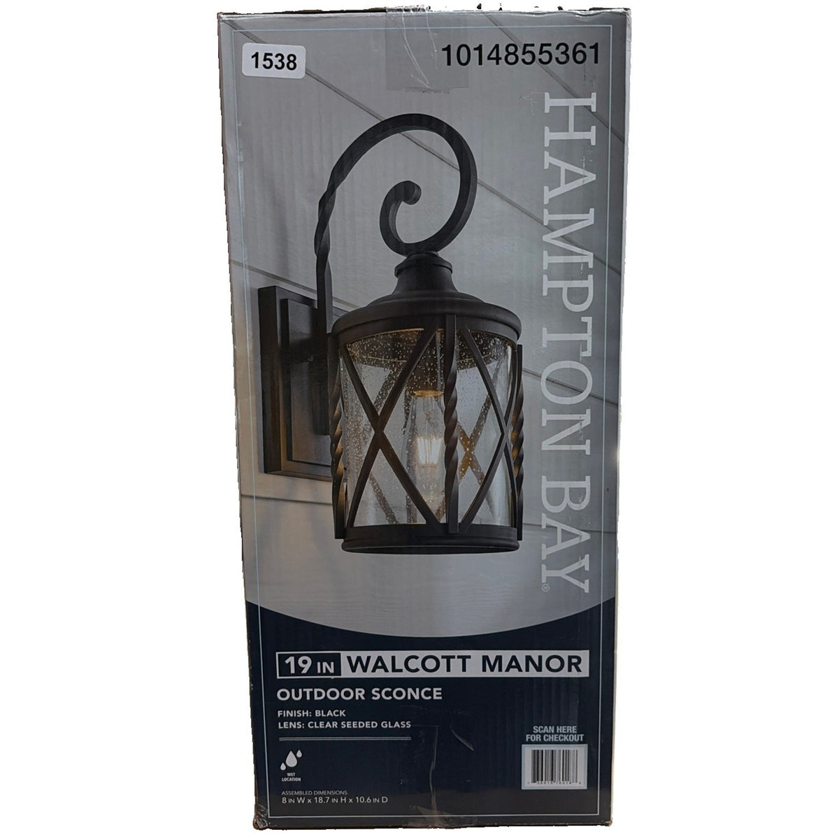 Hampton Bay Walcott Manor 18.75" Black Outdoor Wall Sconce Lantern Seeded Glass
