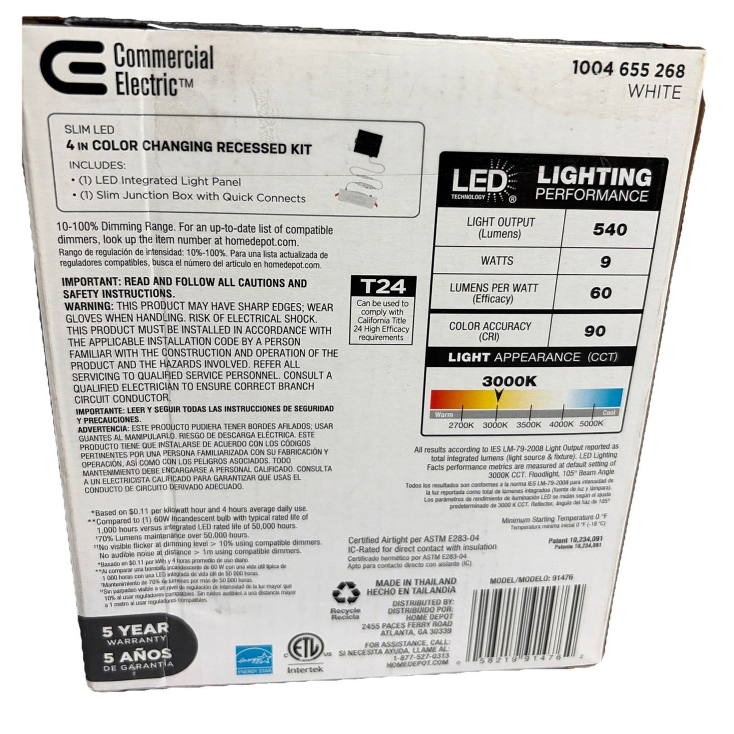Commercial Electric Ultra Slim Integrated LED 4" Square Adj CCT Recessed Light