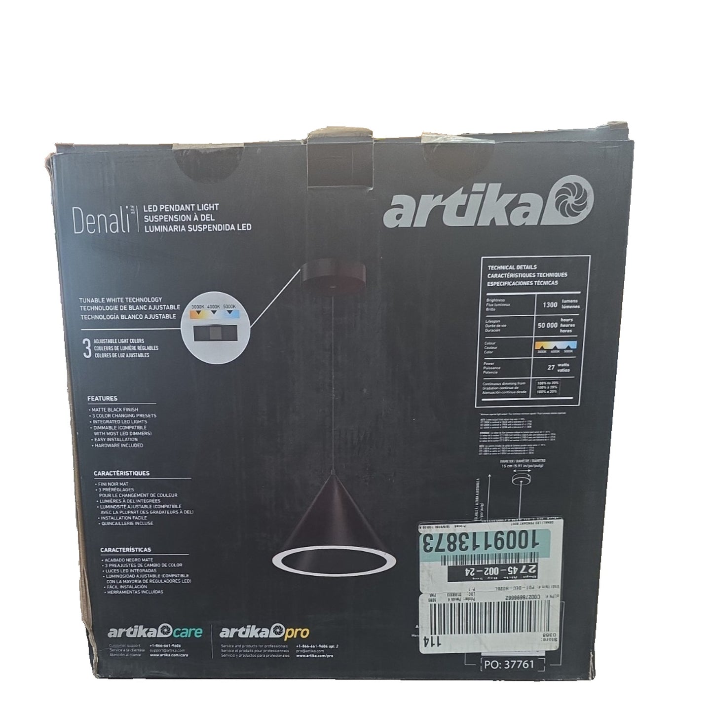 Artika Denali Modern Matte Black LED Pendant Light Dimmable 3CCT Adjustable