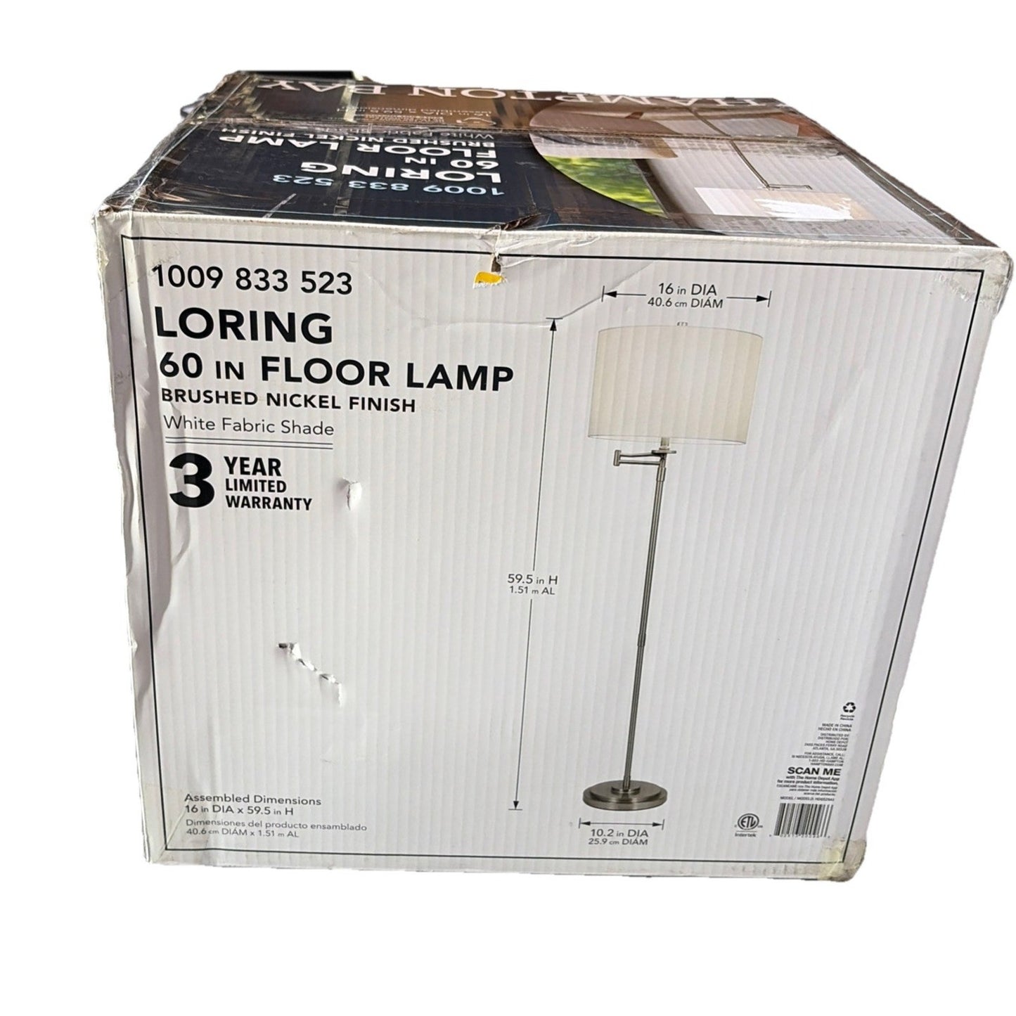 Loring 59.75 in. Brushed Nickel Swing Arm Floor Lamp with White Fabric Shade
